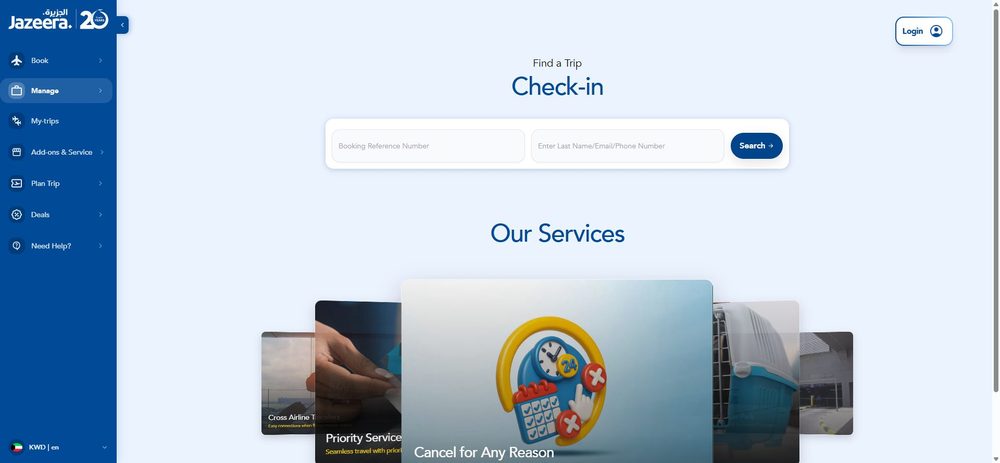 Форма онлайн-регистрации Jazeera «Find a Trip — Check-in»: код брони (Booking Reference Number) и фамилия / e-mail / телефон
